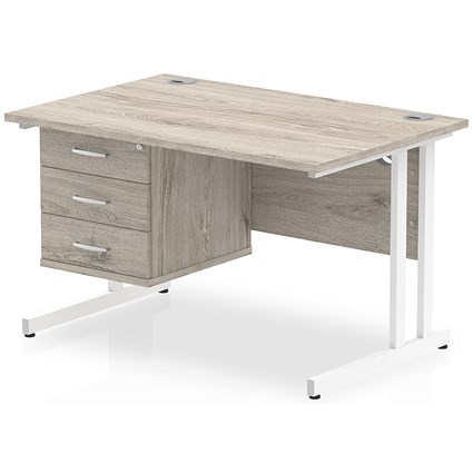 Impulse 1200mm Rectangular Office Desk With Fixed 3 Drawer Pedestal, White Cantilever Leg, Grey Oak