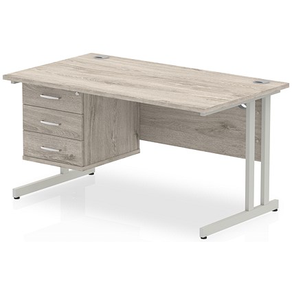 Impulse 1400mm Rectangular Office Desk With Fixed 3 Drawer Pedestal, Silver Cantilever Leg, Grey Oak