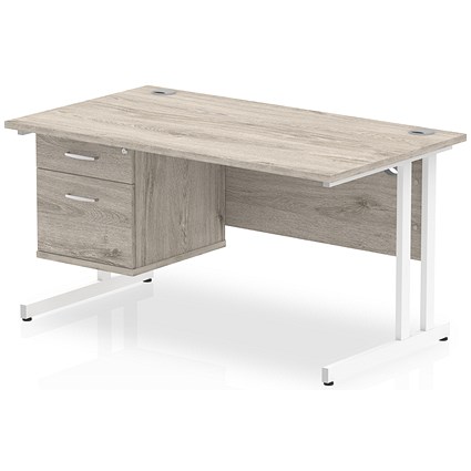 Impulse 1400mm Rectangular Desk, White Legs, 2 Drawer Pedestal, Grey Oak