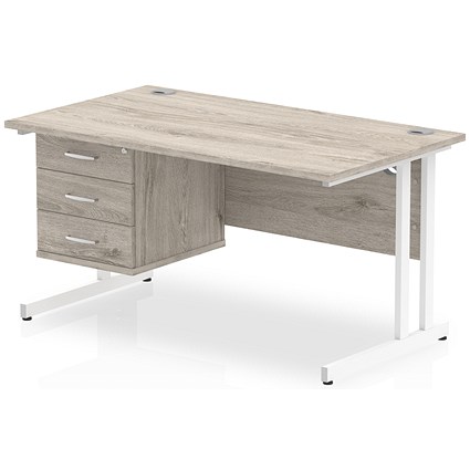 Impulse 1400mm Rectangular Office Desk With Fixed 3 Drawer Pedestal, White Cantilever Leg, Grey Oak
