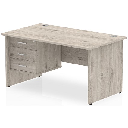 Impulse 1600mm Rectangular Desk, Panel Legs, 3 Drawer Pedestal, Grey Oak