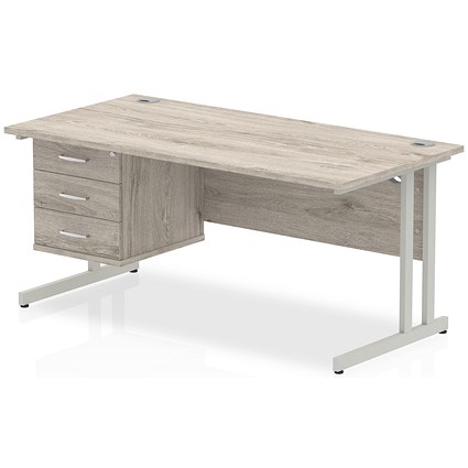 Impulse 1600mm Rectangular Office Desk With Fixed 3 Drawer Pedestal, Silver Cantilever Leg, Grey Oak