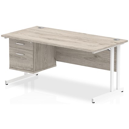 Impulse 1600mm Rectangular Desk, White Legs, 2 Drawer Pedestal, Grey Oak