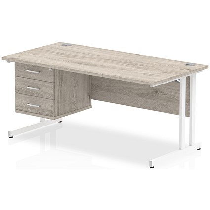 Impulse 1600mm Rectangular Office Desk With Fixed 3 Drawer Pedestal, White Cantilever Leg, Grey Oak
