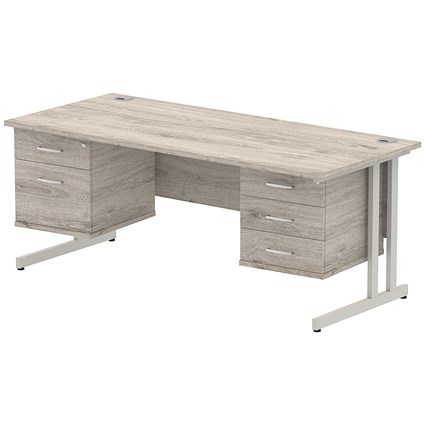 Impulse 1800mm Rectangular Desk, Silver Legs, 2 Pedestals, Grey Oak