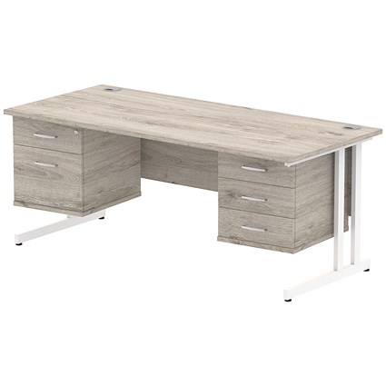 Impulse 1800mm Rectangular Desk, White Legs, 2 Pedestals, Grey Oak