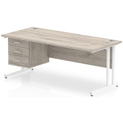 Impulse 1800mm Rectangular Office Desk With Fixed 3 Drawer Pedestal, White Cantilever Leg, Grey Oak