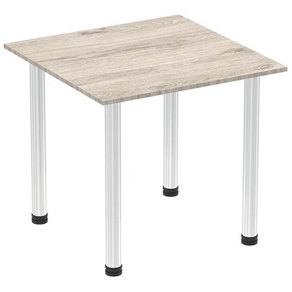Impulse 800mm Square Table, Grey Oak, Chrome Post Leg