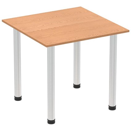 Impulse 800mm Square Table, Oak, Brushed Aluminium Post Leg