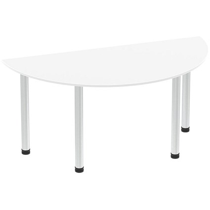 Impulse 1600mm Semi-circular Table, White, Brushed Aluminium Post Leg