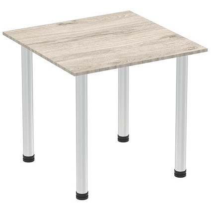 Impulse 800mm Square Table, Grey Oak, Brushed Aluminium Post Leg