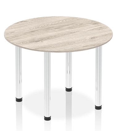 Impulse Circular Table, 1000mm, Grey Oak, Chrome Post Leg Impulse Circular Table, 1000mm, Grey Oak, Chrome Post Leg
