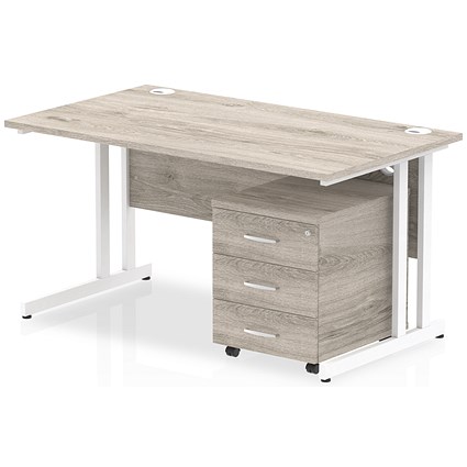 Impulse 1400 Rectangular Desk with 3 Drawer Mobile Pedestal, White Cantilever Leg, Grey Oak