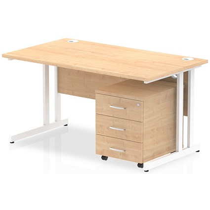 Impulse 1400 Rectangular Desk with 3 Drawer Mobile Pedestal, White Cantilever Leg, Maple