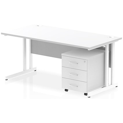 Impulse 1600 Rectangular Desk with 3 Drawer Mobile Pedestal, White Cantilever Leg, White