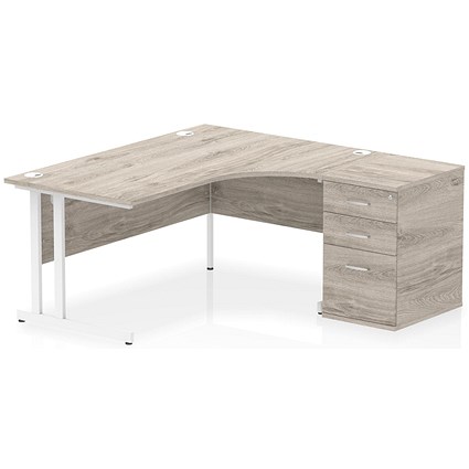 Impulse 1600mm Corner Desk with 600mm Desk High Pedestal, Right Hand, White Cantilever Leg, Grey Oak Impulse 1600mm Corner Desk with 600mm Desk High Pedestal, Right Hand, White Cantilever Leg, Grey Oak