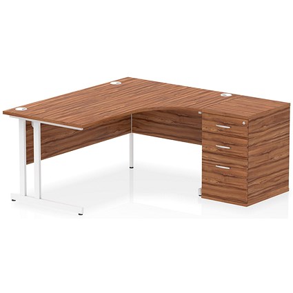 Impulse 1600mm Corner Desk with 600mm Desk High Pedestal, Right Hand, White Cantilever Leg, Walnut Impulse 1600mm Corner Desk with 600mm Desk High Pedestal, Right Hand, White Cantilever Leg, Walnut