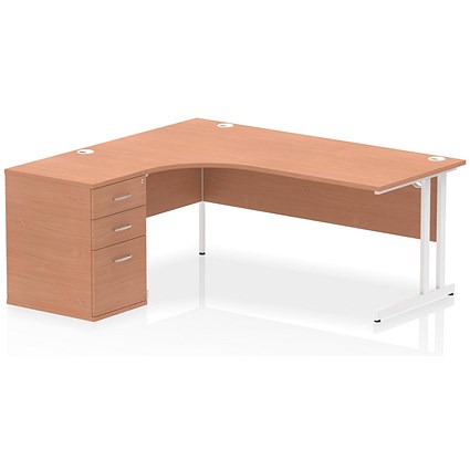 Impulse 1800mm Corner Desk with 600mm Desk High Pedestal, Left Hand, White Cantilever Leg, Beech Impulse 1800mm Corner Desk with 600mm Desk High Pedestal, Left Hand, White Cantilever Leg, Beech