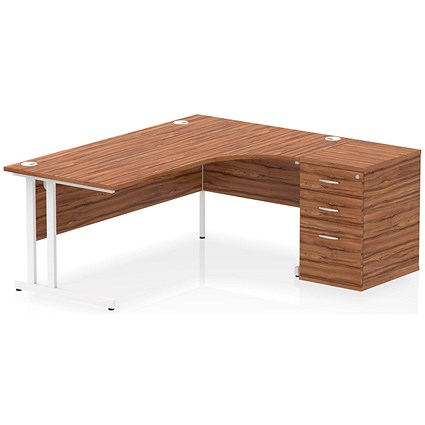 Impulse 1800mm Corner Desk with 600mm Desk High Pedestal, Right Hand, White Cantilever Leg, Walnut Impulse 1800mm Corner Desk with 600mm Desk High Pedestal, Right Hand, White Cantilever Leg, Walnut