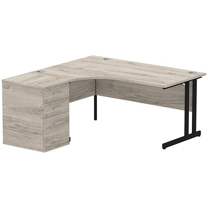 Impulse 1600mm Corner Desk with 600mm Desk High Pedestal, Left Hand, Black Cantilever Leg, Grey Oak