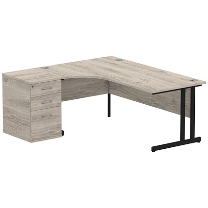 Impulse 1800mm Corner Desk with 600mm Desk High Pedestal, Left Hand, Black Cantilever Leg, Grey Oak Impulse 1800mm Corner Desk with 600mm Desk High Pedestal, Left Hand, Black Cantilever Leg, Grey Oak