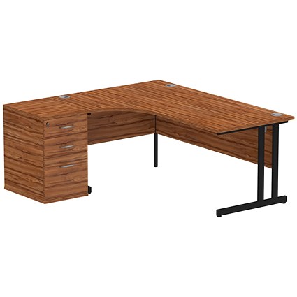 Impulse 1800mm Corner Desk with 600mm Desk High Pedestal, Left Hand, Black Cantilever Leg, Walnut