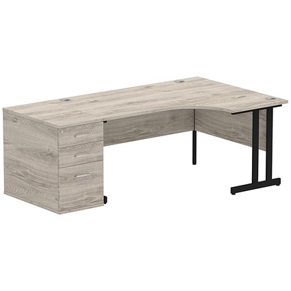Impulse 1600mm Corner Desk with 800mm Desk High Pedestal, Right Hand, Black Cantilever Leg, Grey Oak