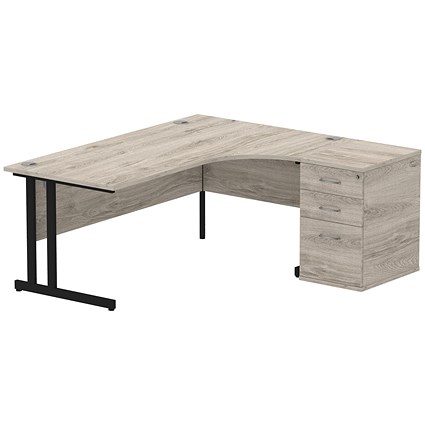 Impulse 1800mm Corner Desk with 600mm Desk High Pedestal, Right Hand, Black Cantilever Leg, Grey Oak Impulse 1800mm Corner Desk with 600mm Desk High Pedestal, Right Hand, Black Cantilever Leg, Grey Oak