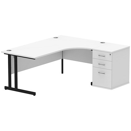 Impulse 1800mm Corner Desk with 600mm Desk High Pedestal, Right Hand, Black Cantilever Leg, White