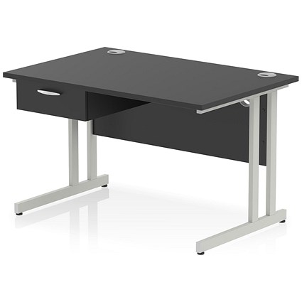 Impulse 1200mm Rectangular Desk with attached Pedestal, Silver Cantilever Leg, Black