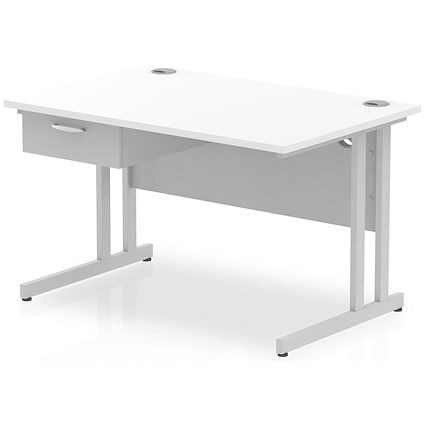 Impulse 1200mm Rectangular Desk with attached Pedestal, Silver Cantilever Leg, White