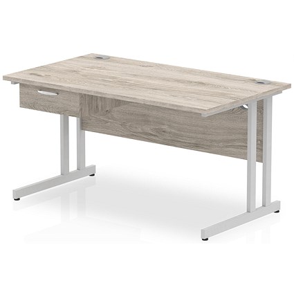Impulse 1400mm Rectangular Desk with attached Pedestal, Silver Cantilever Leg, Grey Oak