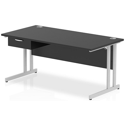 Impulse 1600mm Rectangular Desk with attached Pedestal, Silver Cantilever Leg, Black