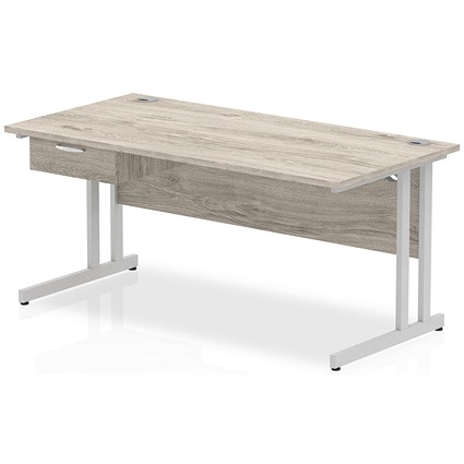 Impulse 1600mm Rectangular Desk with attached Pedestal, Silver Cantilever Leg, Grey Oak