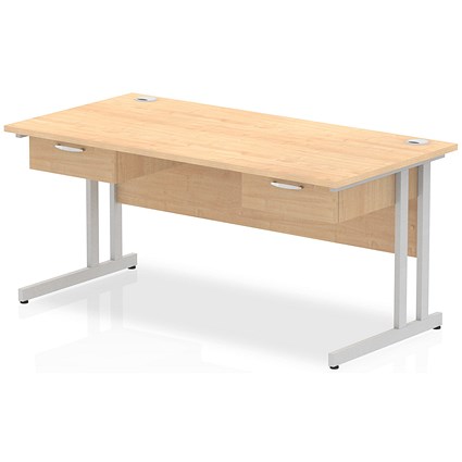 Impulse 1600mm Rectangular Desk with 2 attached Pedestals, Silver Cantilever Leg, Maple