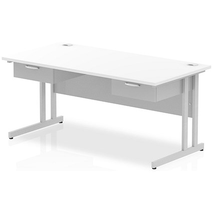 Impulse 1600mm Rectangular Desk with 2 attached Pedestals, Silver Cantilever Leg, White