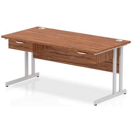 Impulse 1600mm Rectangular Desk with 2 attached Pedestals, Silver Cantilever Leg, Walnut