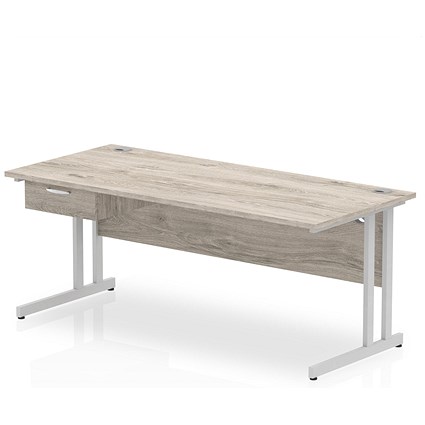 Impulse 1800mm Rectangular Desk with attached Pedestal, Silver Cantilever Leg, Grey Oak