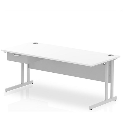 Impulse 1800mm Rectangular Desk with attached Pedestal, Silver Cantilever Leg, White