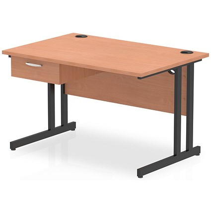 Impulse 1200mm Rectangular Desk with attached Pedestal, Black Cantilever Leg, Beech