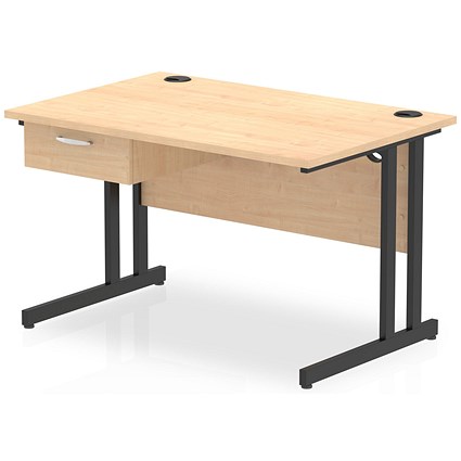Impulse 1200mm Rectangular Desk with attached Pedestal, Black Cantilever Leg, Maple
