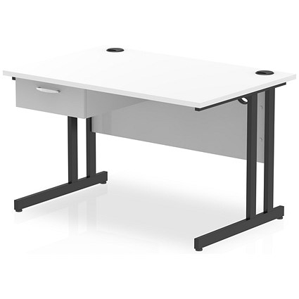 Impulse 1200mm Rectangular Desk with attached Pedestal, Black Cantilever Leg, White