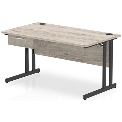 Impulse 1400mm Rectangular Desk with attached Pedestal, Black Cantilever Leg, Grey Oak