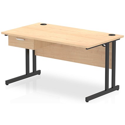 Impulse 1400mm Rectangular Desk with attached Pedestal, Black Cantilever Leg, Maple