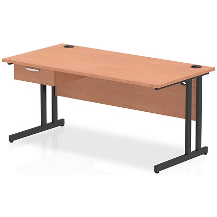 Impulse 1600mm Rectangular Desk with attached Pedestal, Black Cantilever Leg, Beech