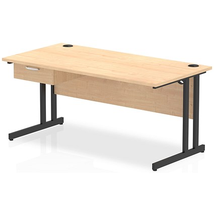 Impulse 1600mm Rectangular Desk with attached Pedestal, Black Cantilever Leg, Maple