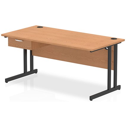 Impulse 1600mm Rectangular Desk with attached Pedestal, Black Cantilever Leg, Oak