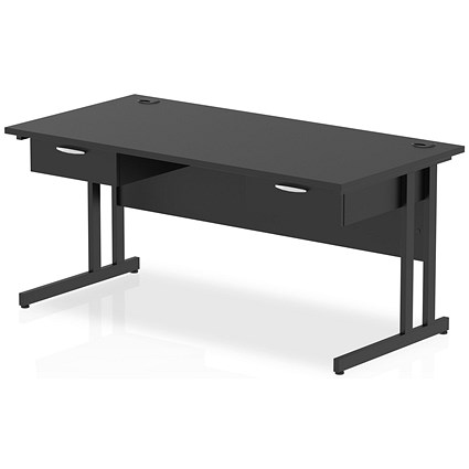 Impulse 1600mm Rectangular Desk with 2 attached Pedestals, Black Cantilever Leg, Black