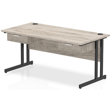 Impulse 1600mm Rectangular Desk with 2 attached Pedestals, Black Cantilever Leg, Grey Oak