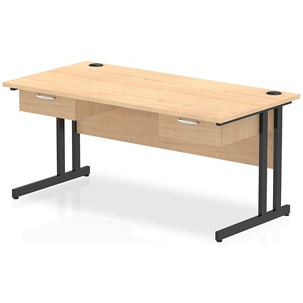 Impulse 1600mm Rectangular Desk with 2 attached Pedestals, Black Cantilever Leg, Maple
